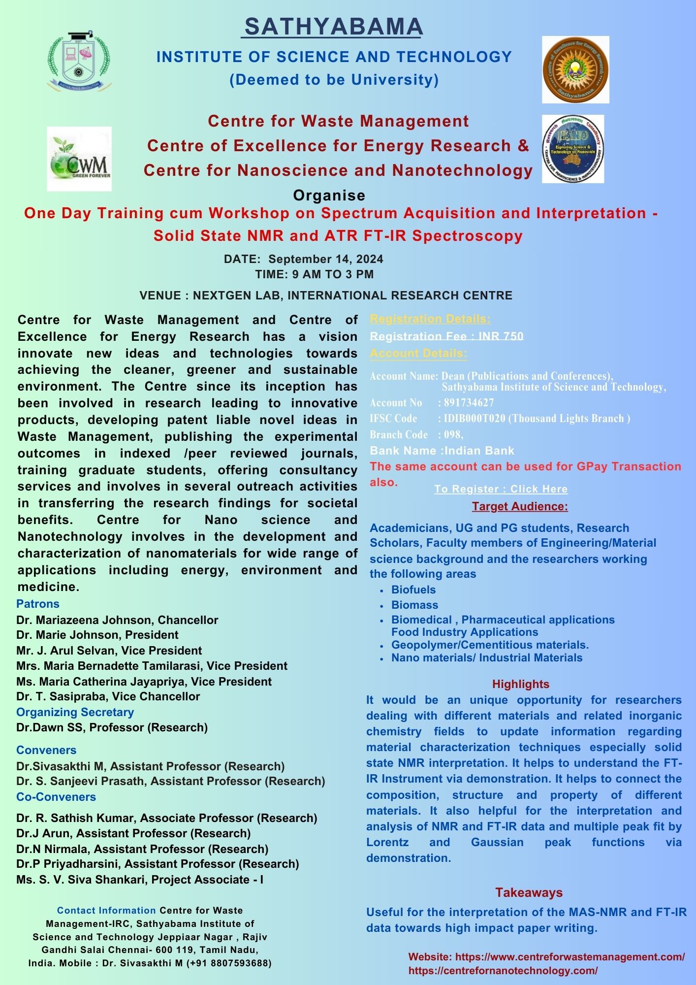 One Day Training cum Workshop on Spectrum Acquisition and Interpretation -Solid State NMR and ATR FT-IR Spectroscopy 2024